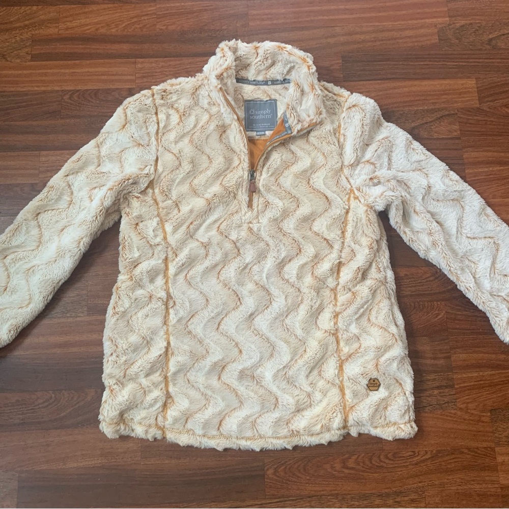 Simply Southern Women’s Medium Furry 1/4 Zip Pullover Tan Beige Pockets